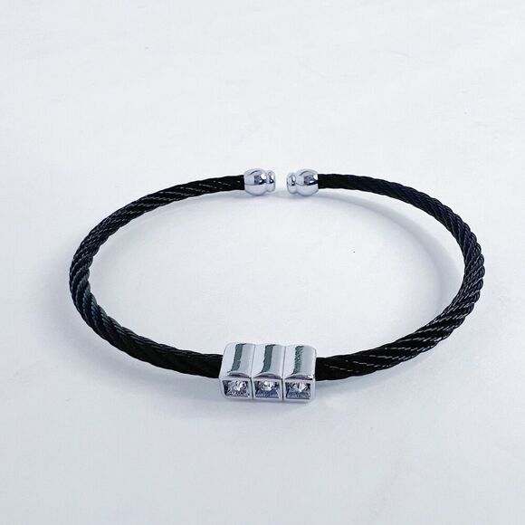 Black Cable Bracelet Braided Silver Rhinestone Charm Adjustable - Picture 2 of 4